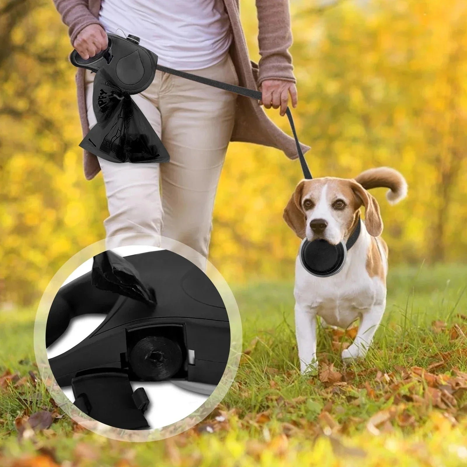Person walking a dog with a retractable leash in an autumn setting
