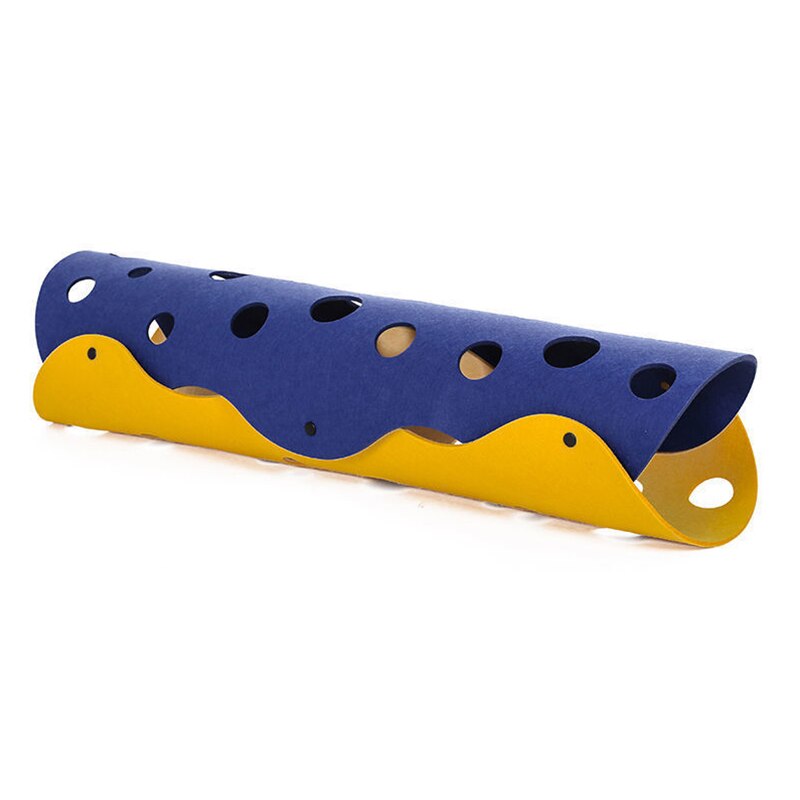 Blue and yellow plastic slide with multiple holes on a white background