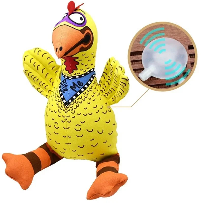 Yellow plush chicken toy with a small inset showing a white funnel.