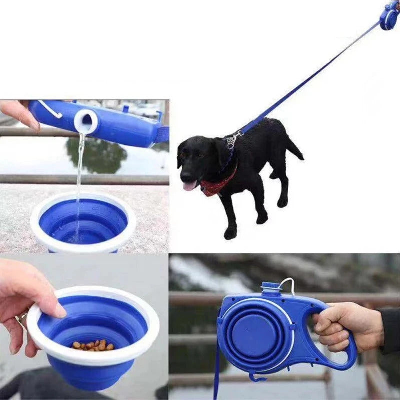 Collapsible blue pet water bowl, retractable dog leash, and pet food container on a white background.