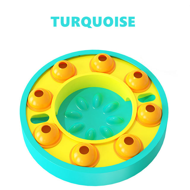Colorful circular puzzle toy with yellow and turquoise colors on a white background