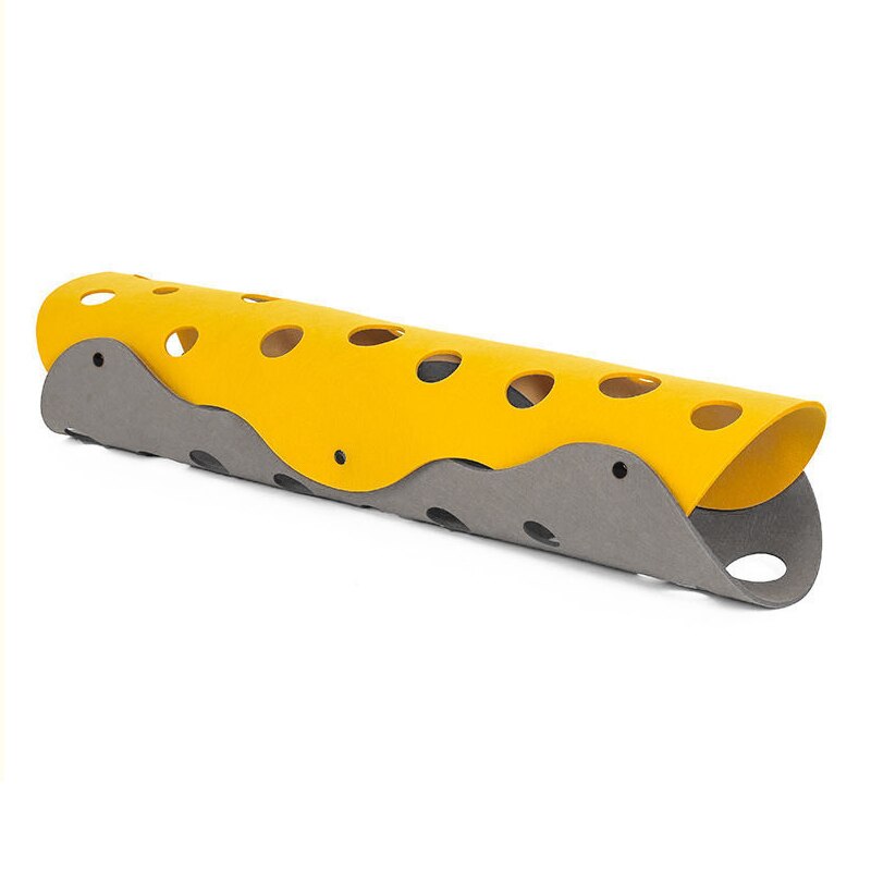 Yellow and gray tool handle with multiple holes on a white background