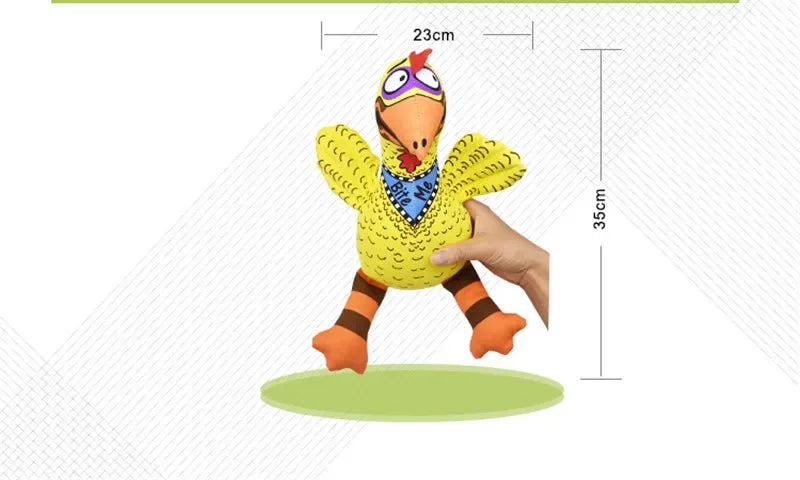 Toy chicken with measurements on a white background