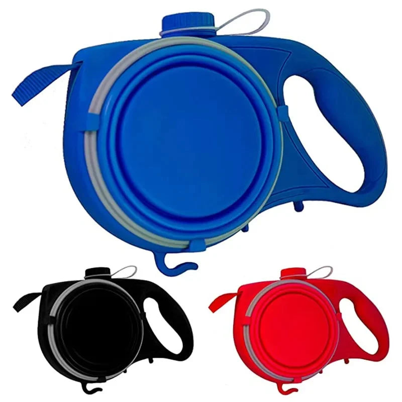 Blue, black, and red retractable dog leashes on a white background